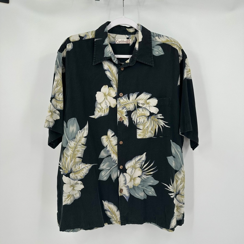 Caribbean Mens Silk Cotton Hawaiian Shirt Size L Resort Aloha Vacation Cruise‎